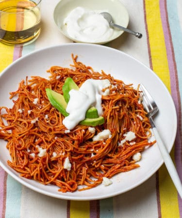 Mexican-style pasta with three-chile sauce, photo by Angie Mosier