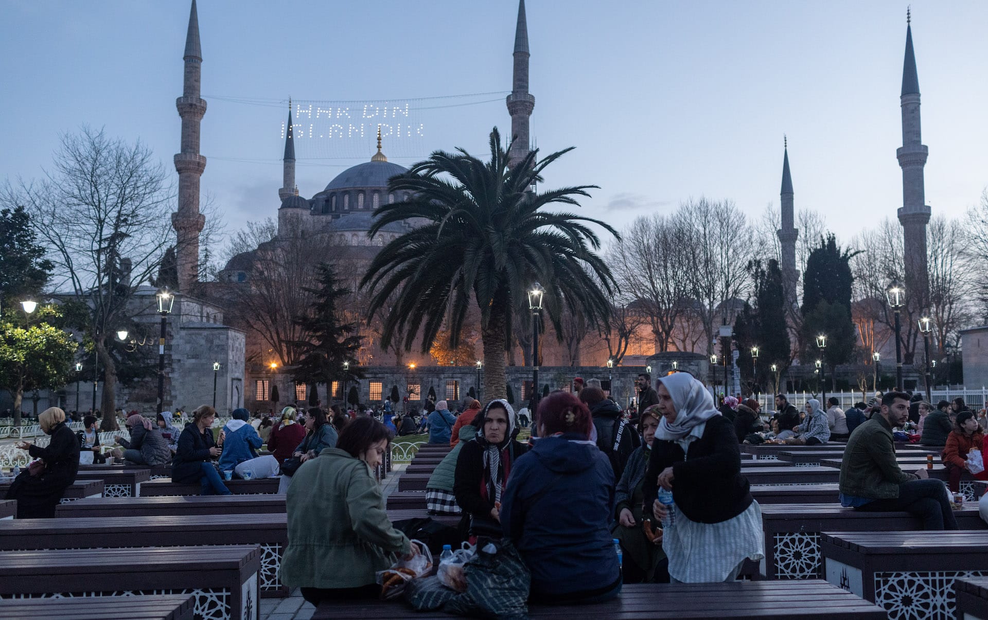 The Blue Mosque and Hagia Sophia shine in Sultanahmet Square
