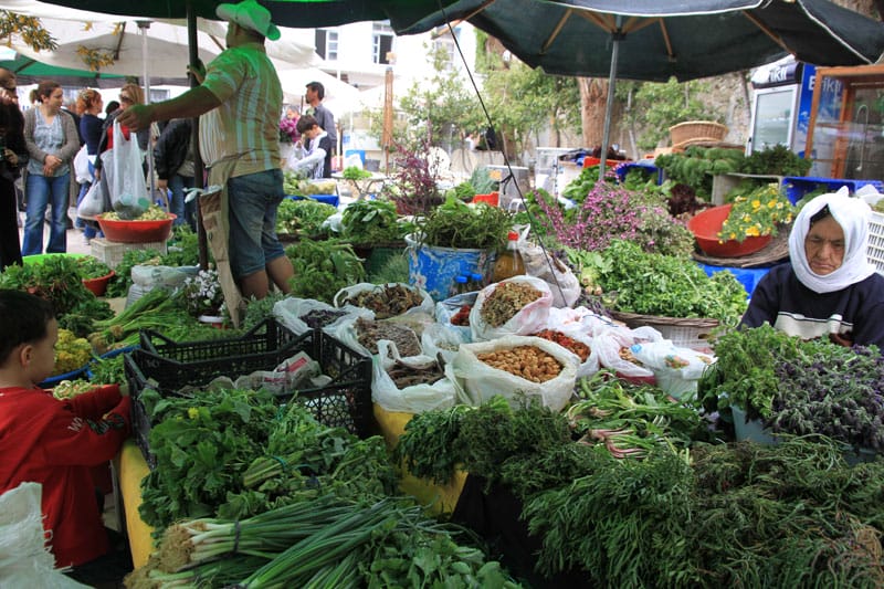 Wild greens and other produce for sale in the Alaçatı market, photo courtesy Explore Alaçatı