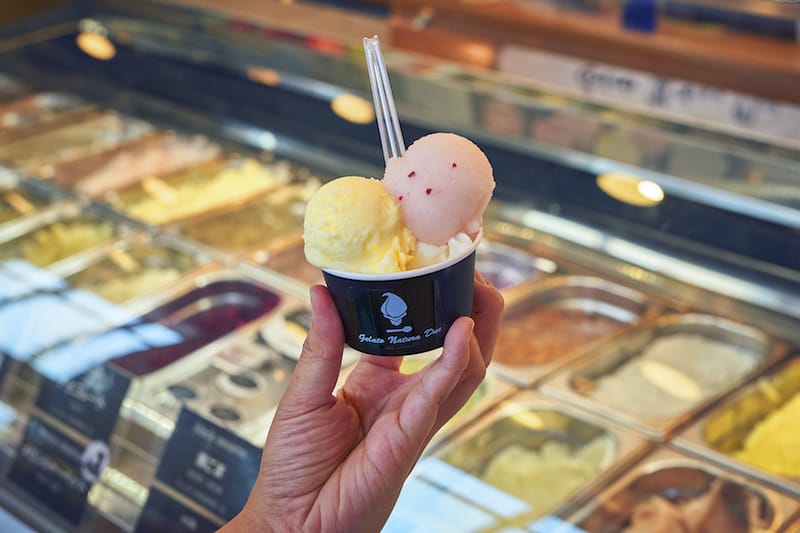 Akane apple gelato and corn gelato in a cup, photo by Alex Fisher