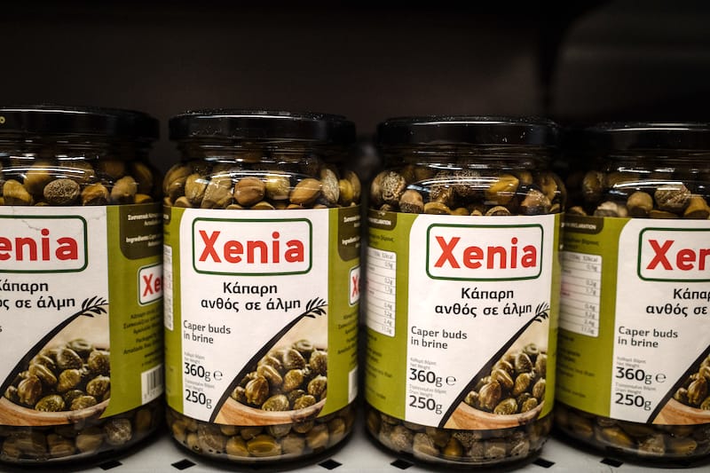 Caper buds in brine at the supermarket, photo by Manteau Stam