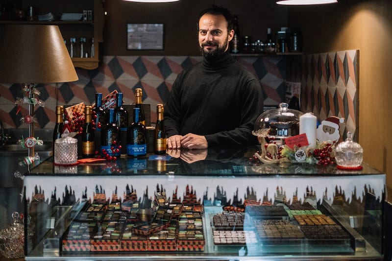 Aristotelis Panagiotaros at his shop, The Dark Side of Chocolate, photo by Manteau Stam chocolate athens