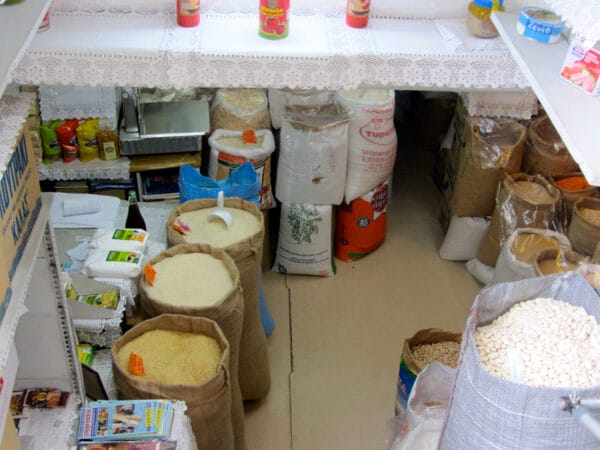 Dry goods in a basement-level shop in Athens' Central Market district, photo by Diana Farr Louis