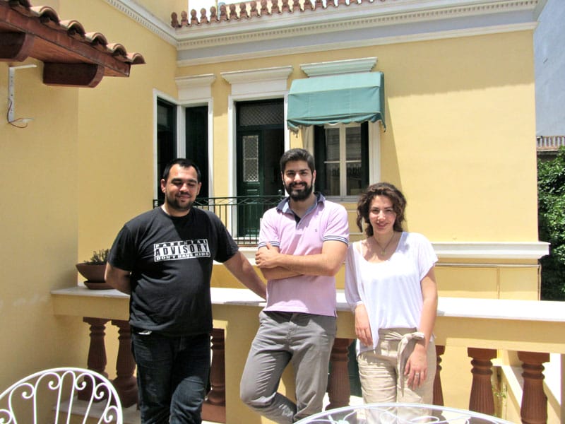 Chef Dimitris Vassilaris, founder Konstantinos Matsourdelis and guide Niki Papalexopoulou in the Gastronomy Museum courtyard, photo by Diana Farr Louis