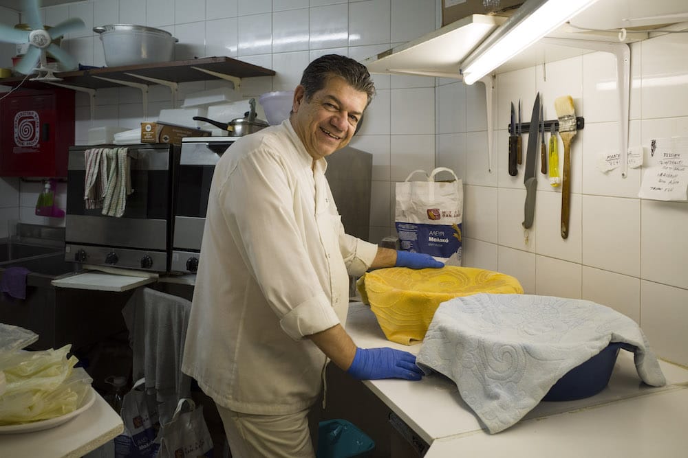 Harris Satiridis is in charge of making the phyllo at Harry's Kitchen, photo by Manteau Stam