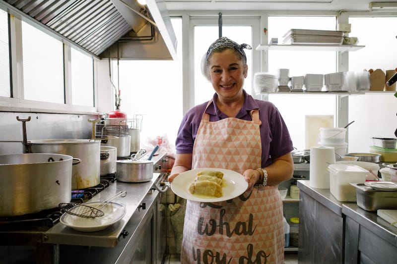 Mary Drachas prepares three daily specials at Kissos each morning, photo by Manteau Stam