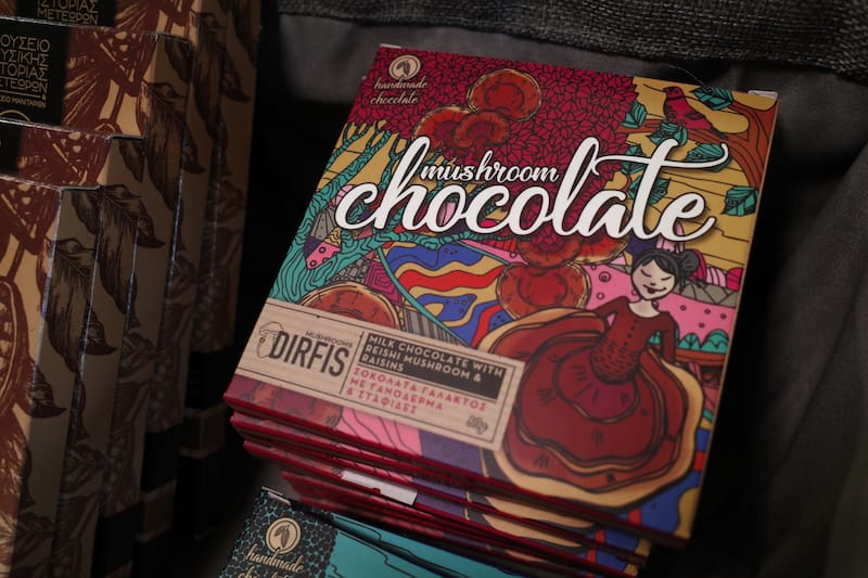 Mushroom chocolate made by Dirfis, an Evoia-based company that sells specialty mushroom products, photo by Manteau Stam