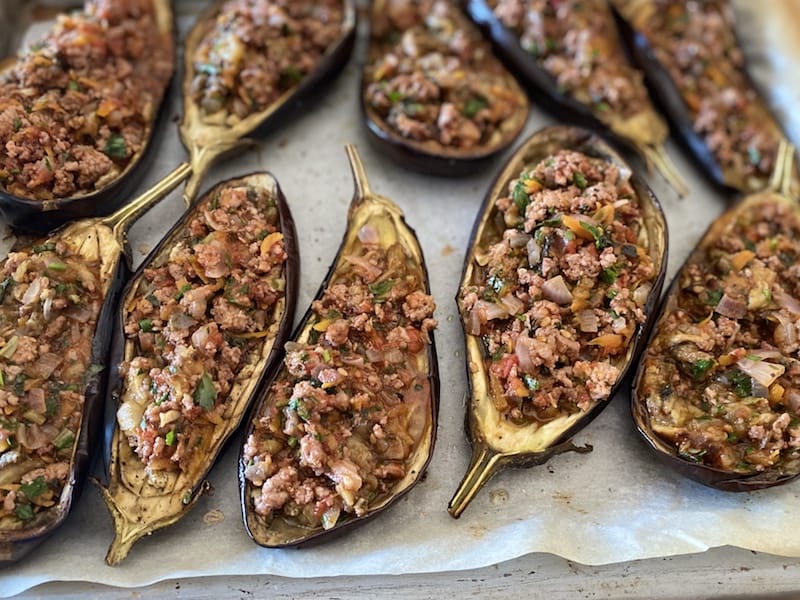 Papoutsakia, Greek stuffed eggplant, before adding the yogurt topping, photo by Carolina Doriti