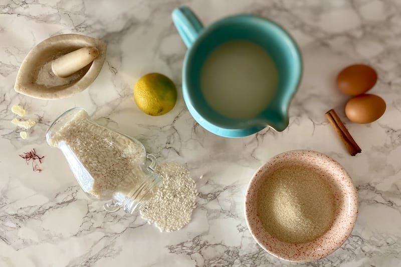 The ingredients for ryzogalo, Greek rice pudding, photo by Carolina Doriti
