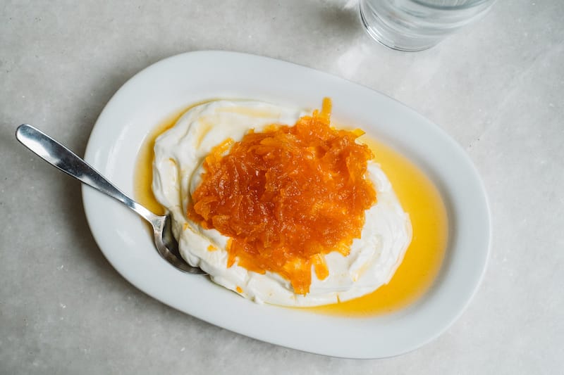 Yogurt topped with carrot spoon sweet at Ta Karamanlidika tou Fani, photo by Manteau Stam