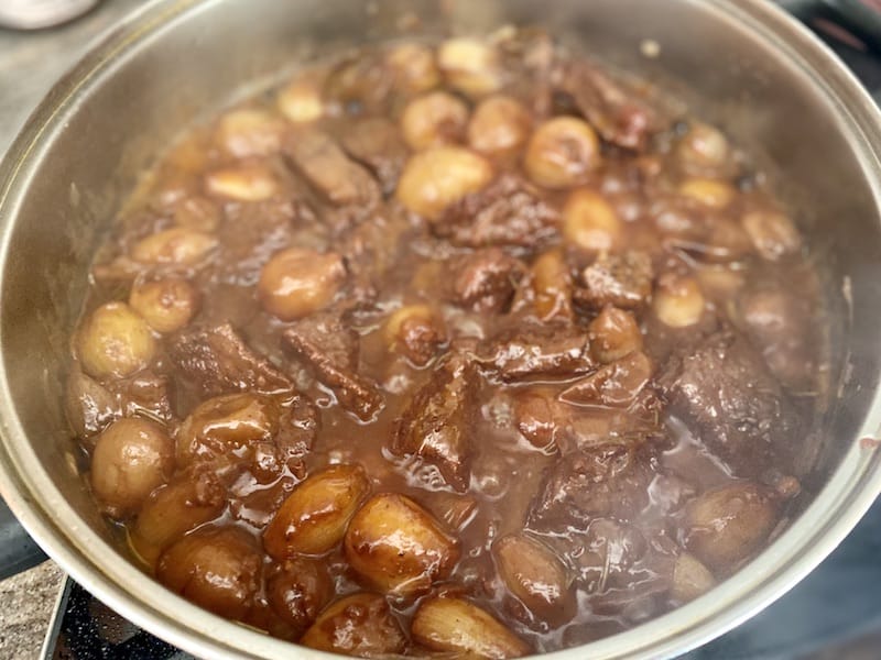Stifado, Greek beef stew, in the pan, photo by Carolina Doriti