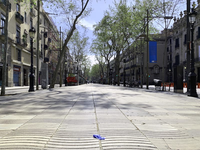 Las Ramblas are eerily empty on a sunny early spring day, photo by Paula Mourenza