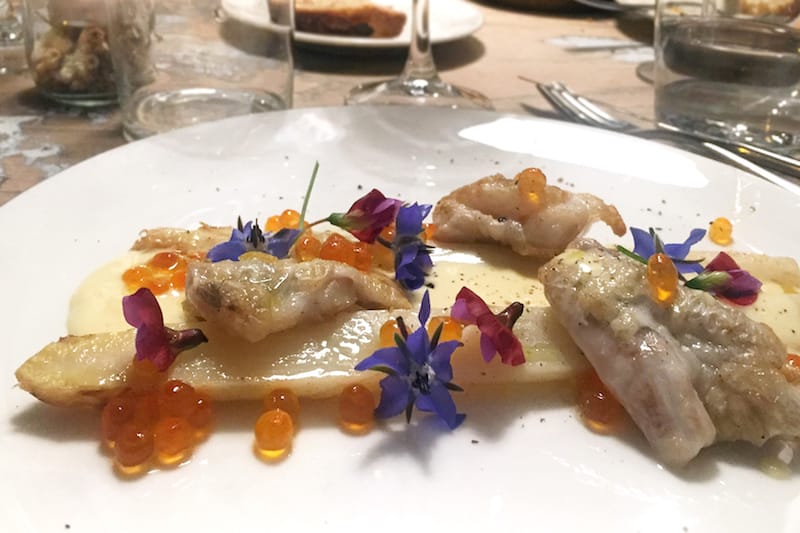Kokotxas (soft, juicy cod cheeks) with salmon roe and borage at Mala Hierba, photo by Paula Mourenza