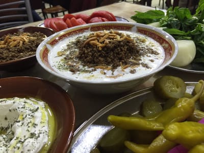 Hummus with ground meat at Abu Hassan, photo by Paul Gadalla
