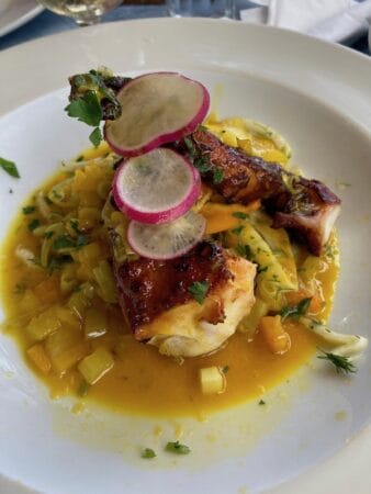 Dining on octopus with orange sauce at Karavostasi, photo by Diana Farr Louis