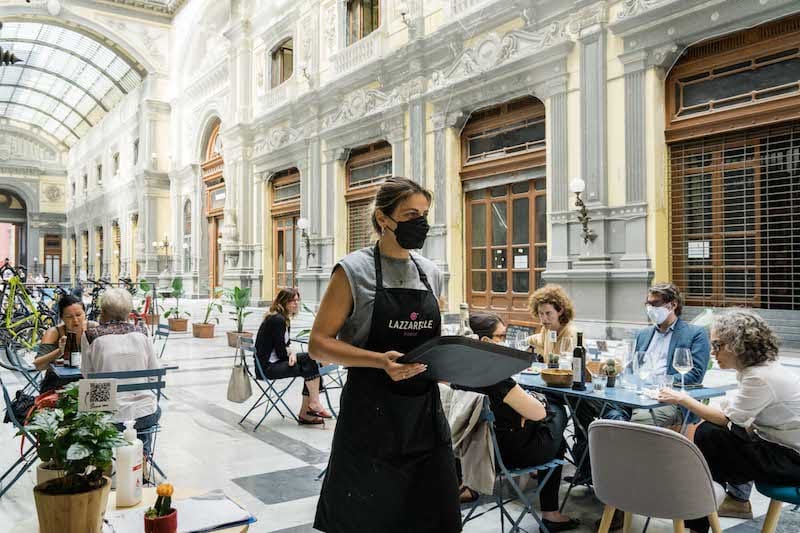 Sitting in the beautifully restored Galleria Principe di Napoli at Lazzarelle Bistrot, photo by Gianni Cipriano and Sara Smarrazzo
