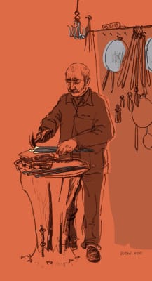Making shish for the kebab trade, Bakırcılar Çarşısı (Coppersmiths Bazaar), Gaziantep, illustration by Suzan Aral