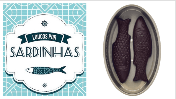 Canned sardines (l) and sardine-shaped chocolates filled with port wine (r)