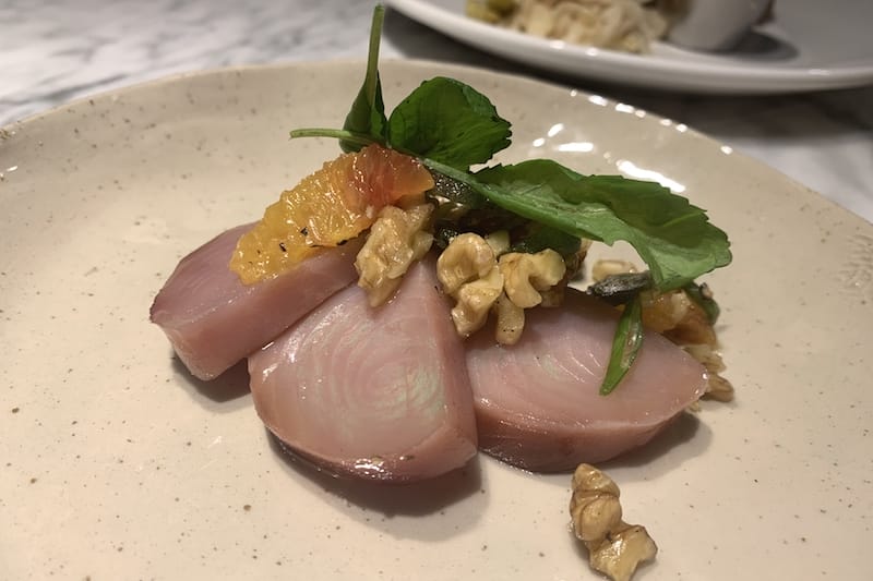 Didem Şenol’s incredible creation: fresh raw almonds, baby arugula, some citrus slices and the inimitable lakerda, pickled bonito, photo by Lorenza Mussini