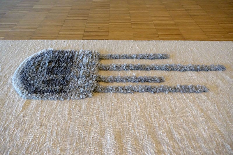 One of the works at SALT’s “Climavore” exhibition features a long, narrow thick-weave carpet stitched with symbols representing some of the region’s new underwater inhabitants, photo by Jennifer Hattam