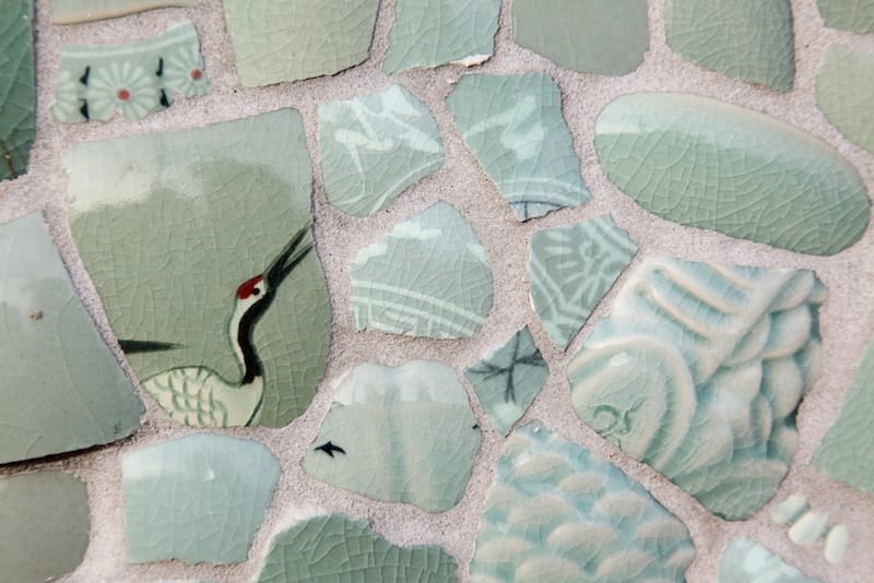 Detail of "Celadon Remnants" by Jean Shin, 2008, in Murray Hill, Queens, photo by Dave Cook