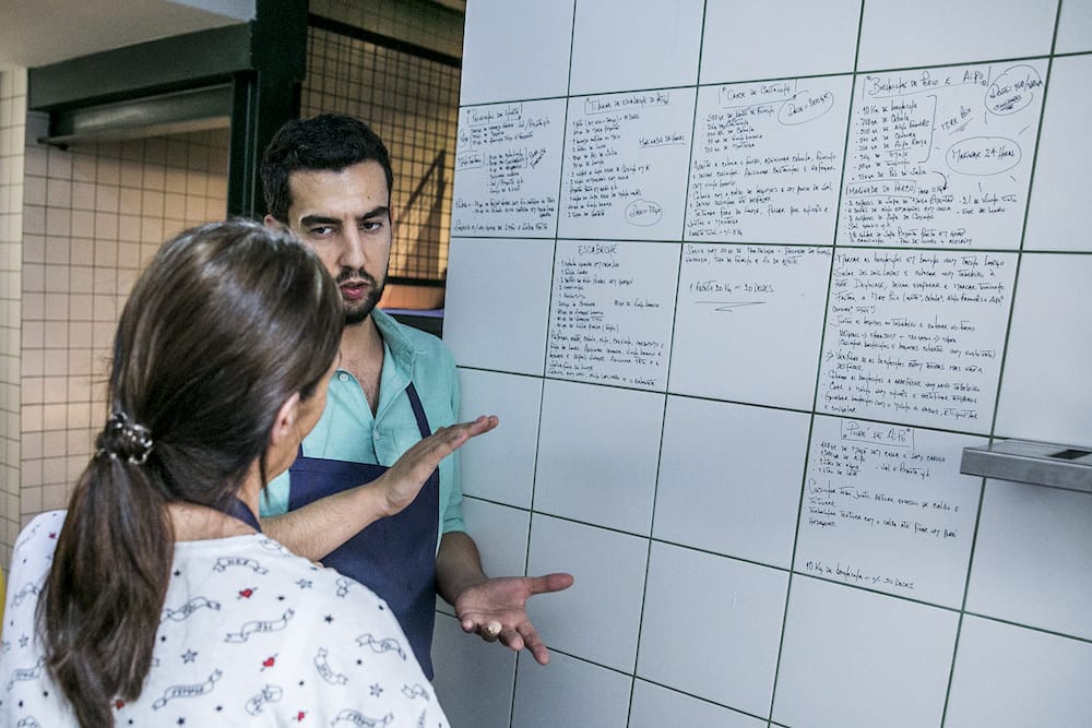 David Jesus, the executive chef at É um Restaurante, has written the recipes and notes on the white tiles in the kitchen to guarantee nothing is missing from a dish, photo by Rodrigo Cabrita