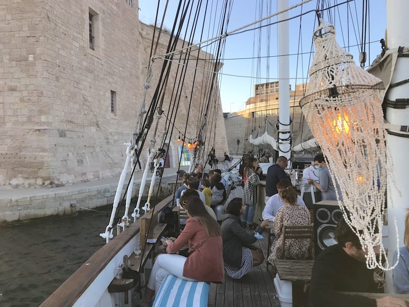 Bar Sur La Mer is located on the Noctilio, a 1930s schooner that has dropped anchor in Marseille’s Vieux-Port to host apéros, photo by Alexis Steinman marseille outdoor aperitif spots