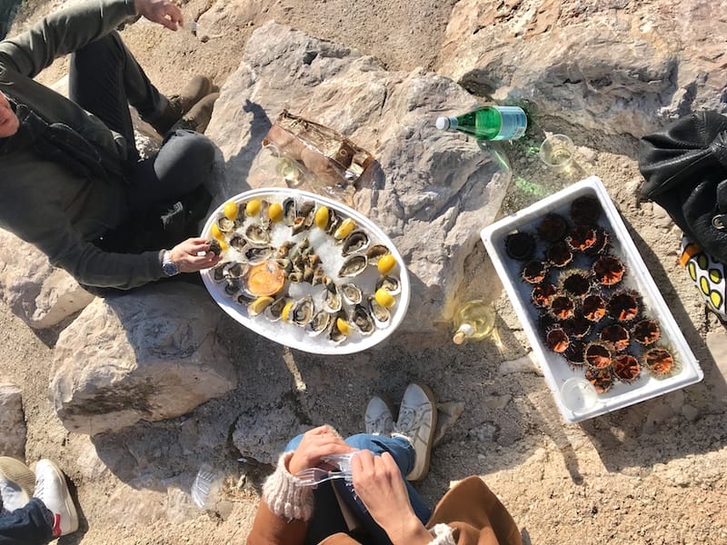 A makeshift picnic in Sausset-les-Pins consisting of oursins (local sea urchins), briny oysters, and bulots (whelks), photo by Alexis Steinman