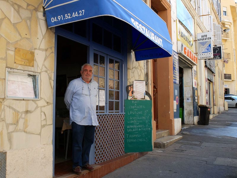Salvatore in front of Le Vésuvio, the restaurant he runs with his wife, Anne-Marie, in Marseille, photo by Alexis Steinman