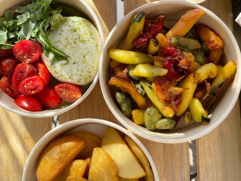 Menu options panisse, frito misto de legumes and Burrata Cremeuse at Le Bon Air, photo by Annie Etheridge