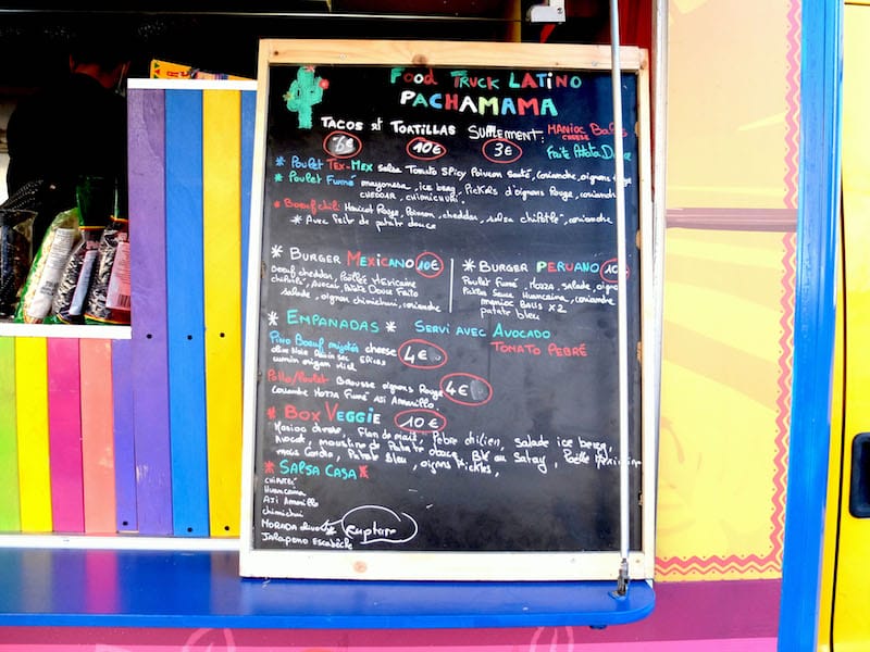 The menu at Pachamama Sud food truck, photo by Alexis Steinman