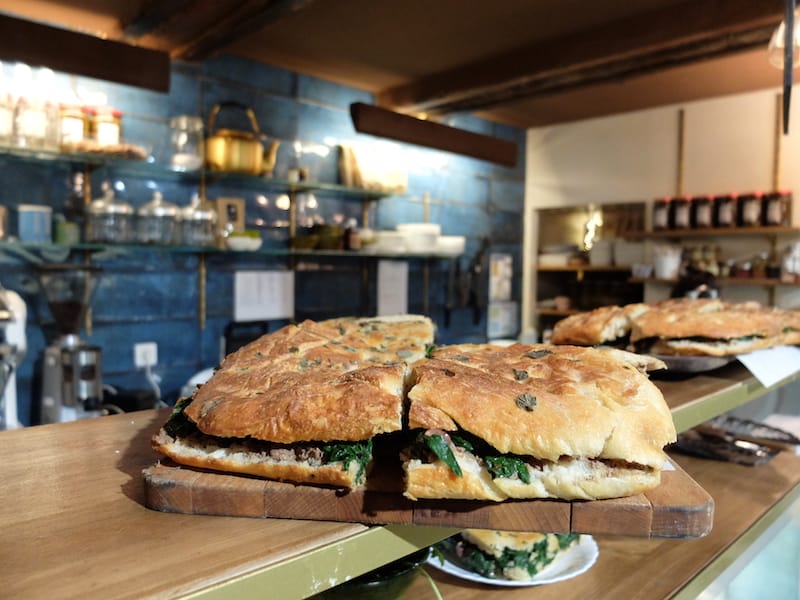 A focaccia sandwich at Epicerie l’Idéal, photo by Alexis Steinman