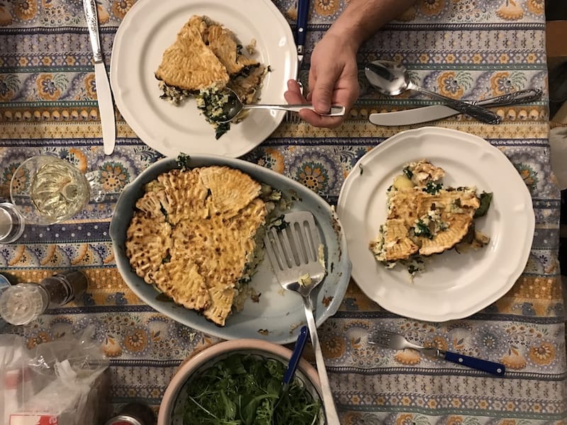 Mina, a Sephardic layered pie that subs in matzo for lasagna noodles to keep it Passover-friendly, photo by Alexis Steinman
