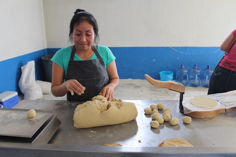 Sandra Garcia prepares yellow corn masa to be pressed thin to make tortillas, photo by Martha Pskowski