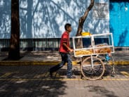 A snack vendor pushes his cart through the tree-lined streets of Coyoacán.