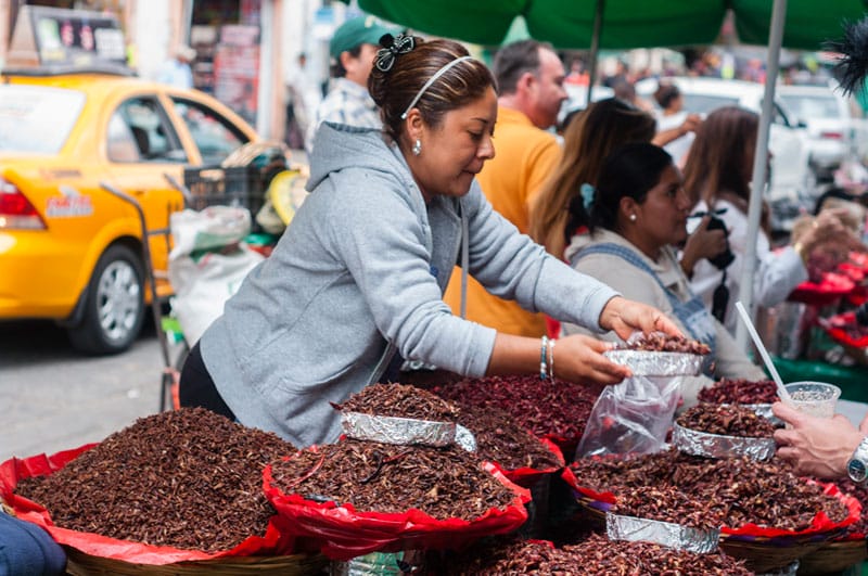 Grasshoppers by the kilo, photo by Ben Herrera
