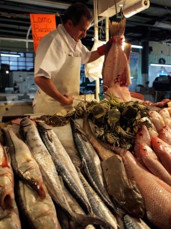 A seafood purveyor at Mercado Pugibet, photo by Yigal Schleifer