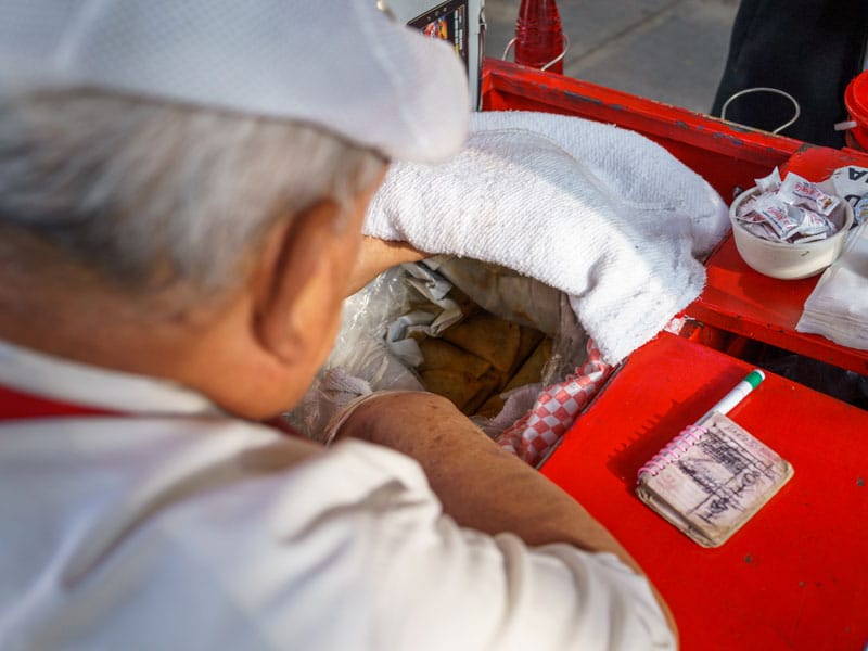 Inside the canasta (basket) at Tacos de Canasta La Abuela, photo by PJ Rountree