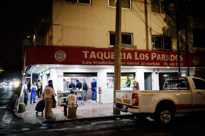 The exterior of Taquería Los Parados in Roma Sur, photo by PJ Rountree