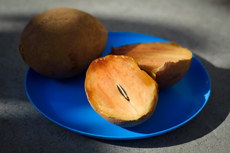 The tan flesh of the chicozapote tastes of burnt sugar custard, photo by PJ Rountree