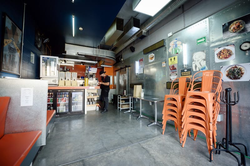 The reconfigured dining room at Tizne Tacomotora during Mexico City's most recent lockdown, photo by PJ Rountree