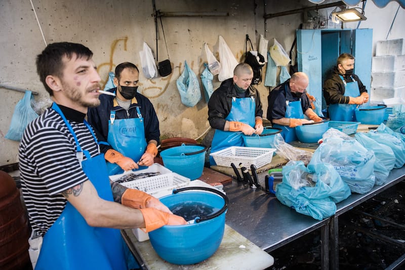 A team of fish cleaners at the Porta Nolana market, photo by Gianni Cipriano and Sara Smarrazzo