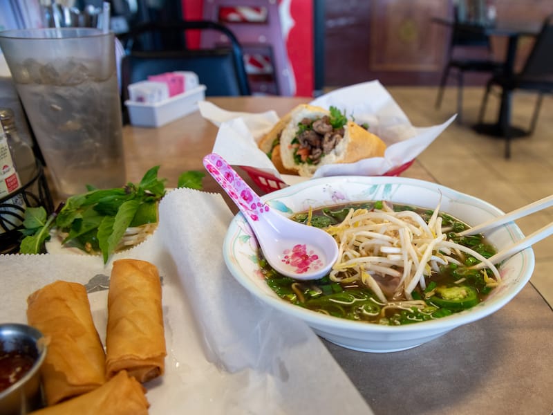 Pho tai, pork banh mi and Vietnamese egg rolls, photo by James Cullen