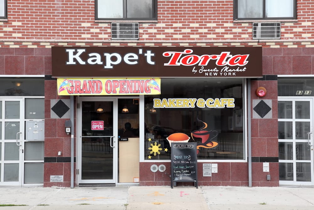 The storefront of Kape't Torta, a Filipino bakery and coffee shop in Queens