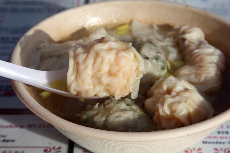 Noodle soup with wontons, dumplings and fish balls (detail of wonton) at Maxi's Noodle, photo by Dave Cook