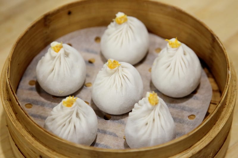 Crab-and-pork xiao long bao, before steaming, at Memories of Shanghai in Forest Hills, Queens, photo by Dave Cook