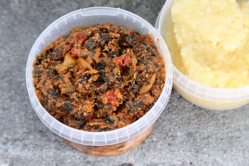 Takeaway egusi and garri from Nneji in Astoria, Queens, photo by Dave Cook