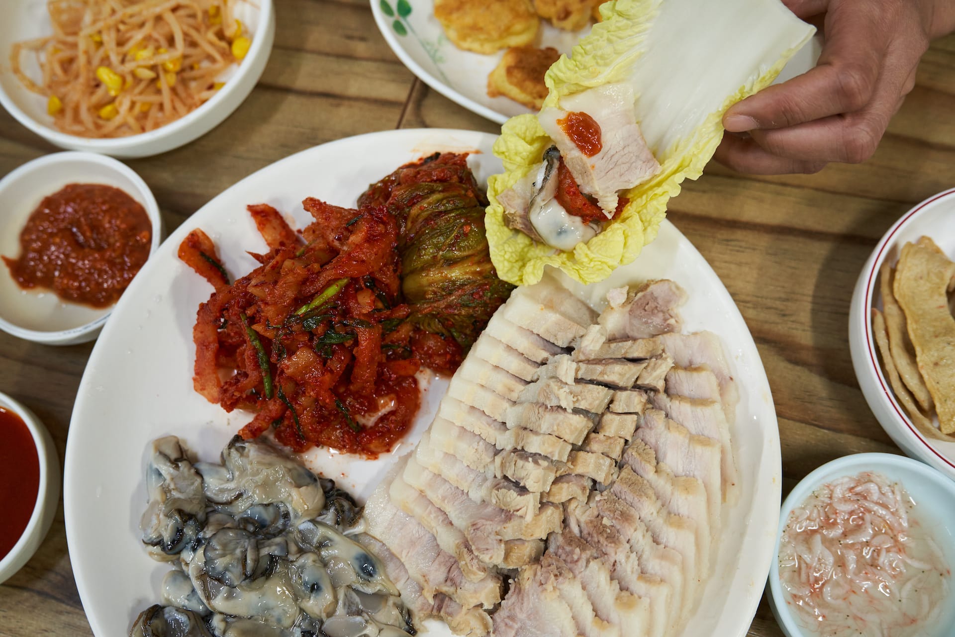 plate of pork belly and kimchi
