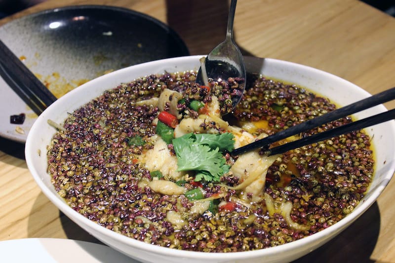 The oil-poached fish at Ben Lai features two types of Sichuan peppercorn: green for numbing, red for fragrance, photo by Jamie Barys