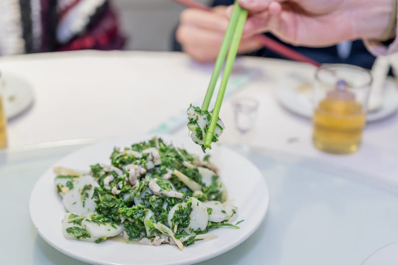 Niangao fried with shepherd’s purse and pork at Jiu Kuan Ningbo, photo by Jamie Barys and Kyle Long Niangao